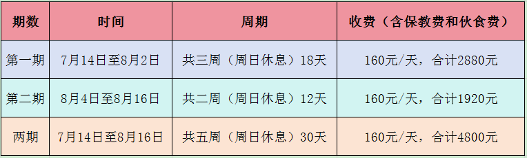 暑假班时间、费用详情